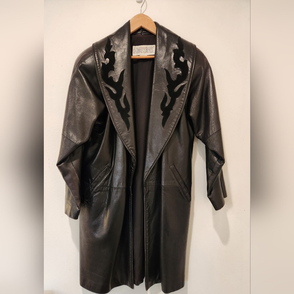 VINTAGE La Nauvelle Renaissance Black Leather Trench Coat Size Small